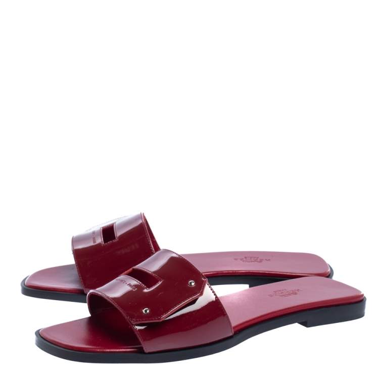 Hermes Red Patent Leather View Slide Sandals Size 37.5