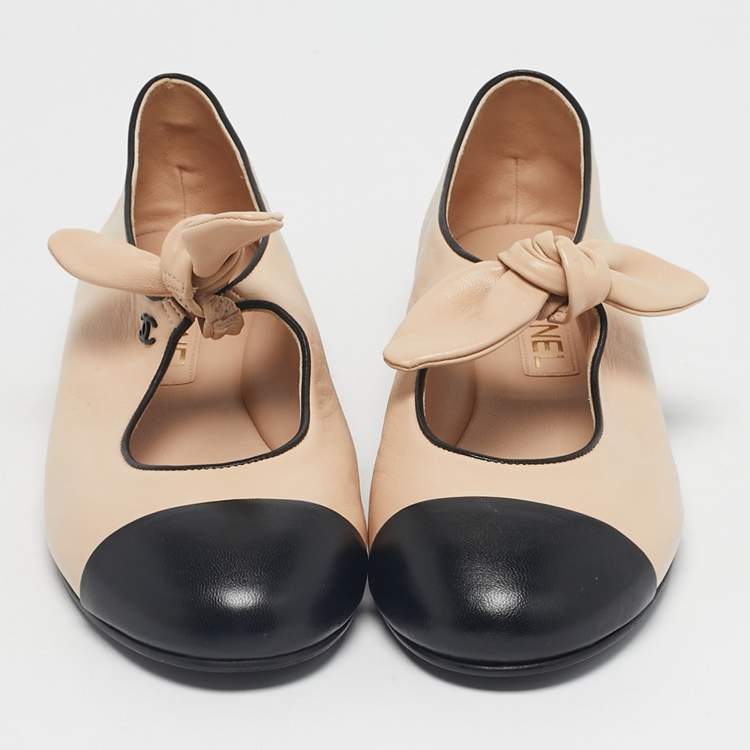Chanel Beige/Black Leather CC Cap Toe Mary Jane Ballet Flats Size 39.5