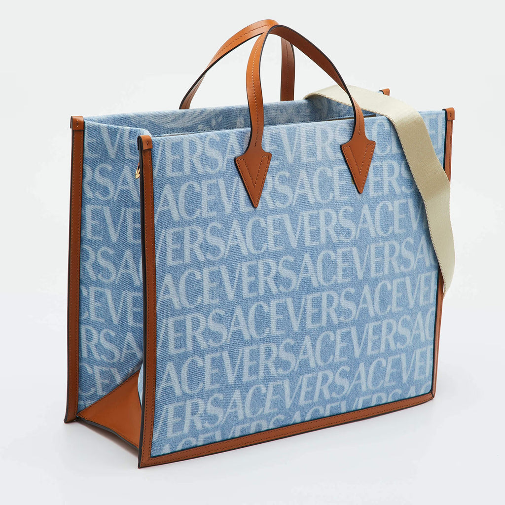 Versace Allover Blue/Brown Denim and Leather Shopper Tote