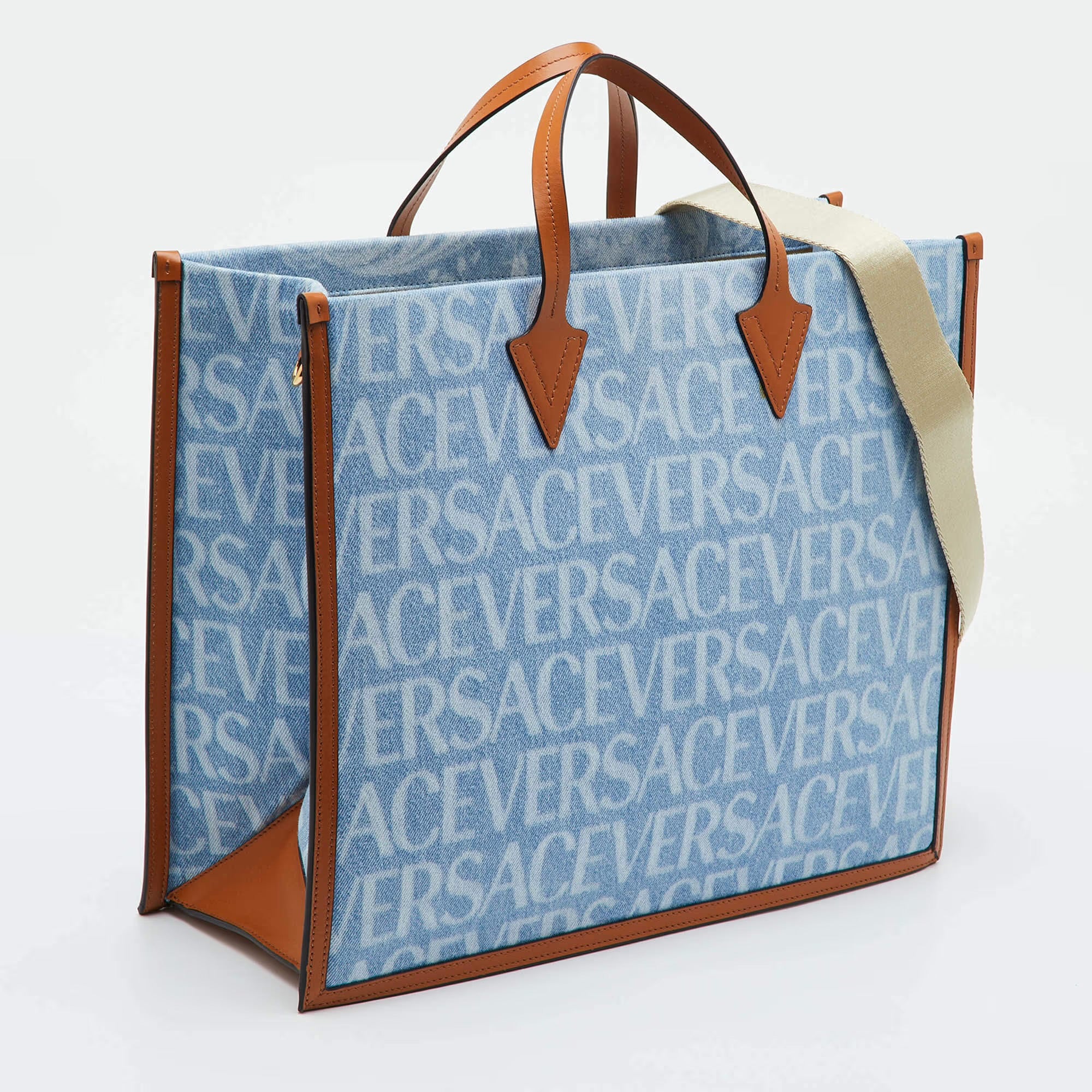 Versace Allover Blue/Brown Denim and Leather Shopper Tote