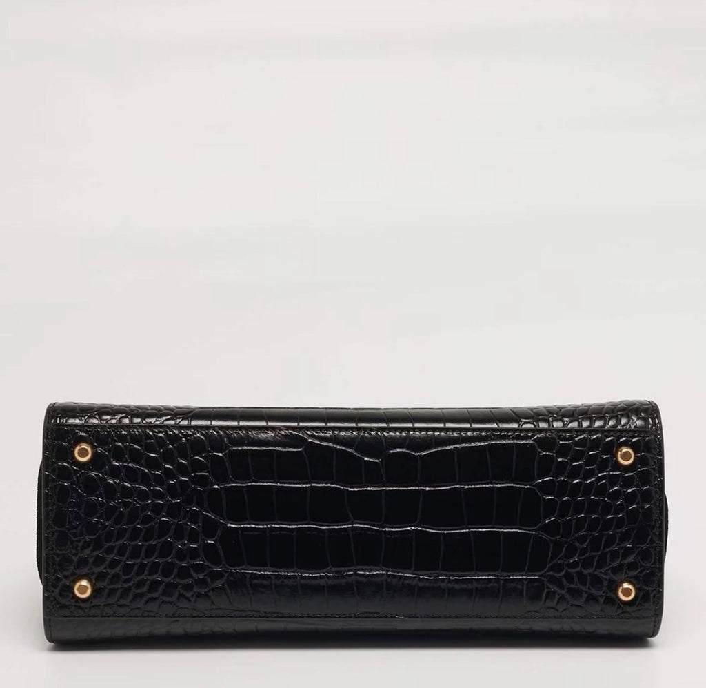 Tory Burch Eleanor Black Croc Embossed Leather Top Handle Bag