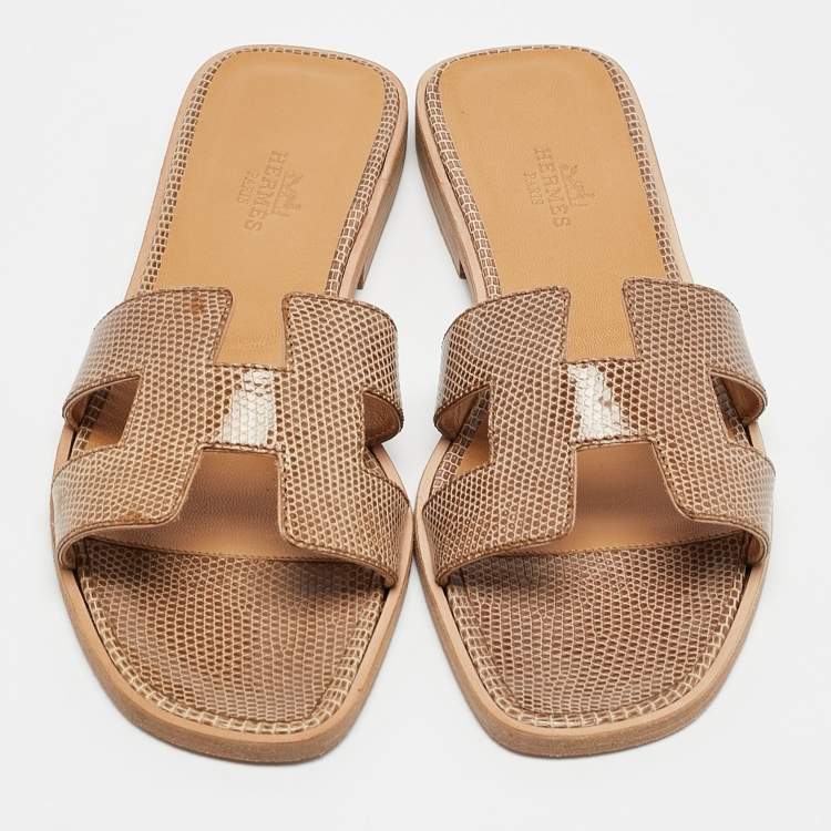Hermes Beige Lizard Oran Slide Sandals Size 36