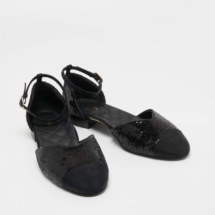 Chanel Black Sequins and Canvas CC Cap Toe Mary Jane Flats Size 39