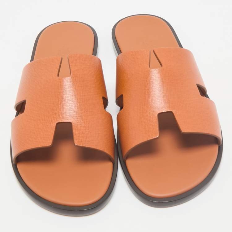 Hermès Orange Leather Izmir Flat Slides Size 45
