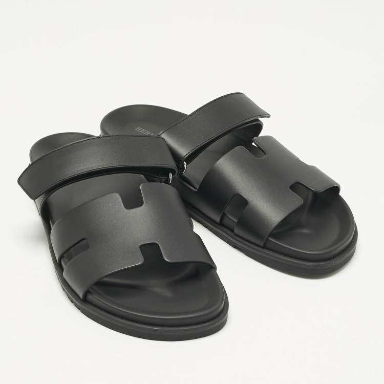 Hermès Black Leather Chypre Sandals Size 43