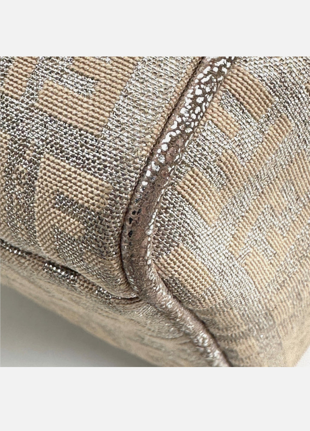 FENDI Mini Boston Bag Zucchino Canvas Leather Pink Beige Silver Purse