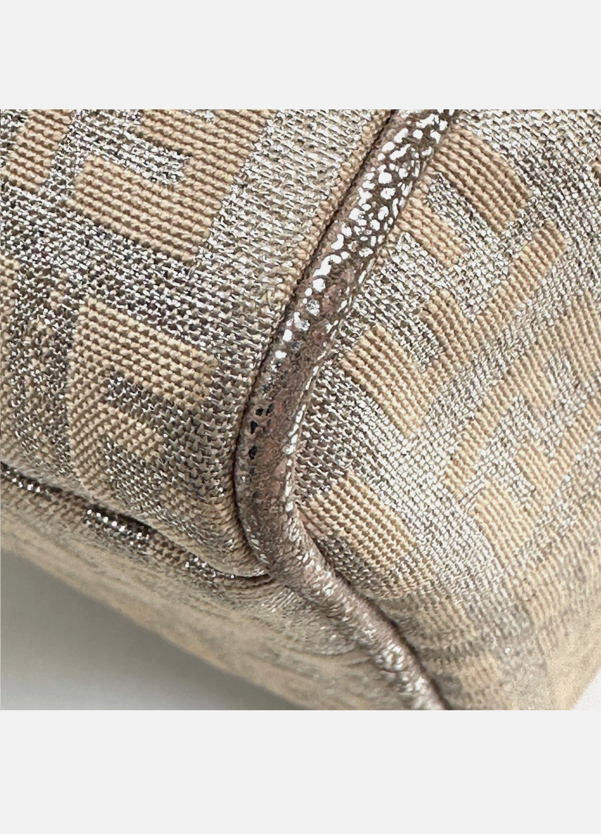 FENDI Mini Boston Bag Zucchino Canvas Leather Pink Beige Silver Purse