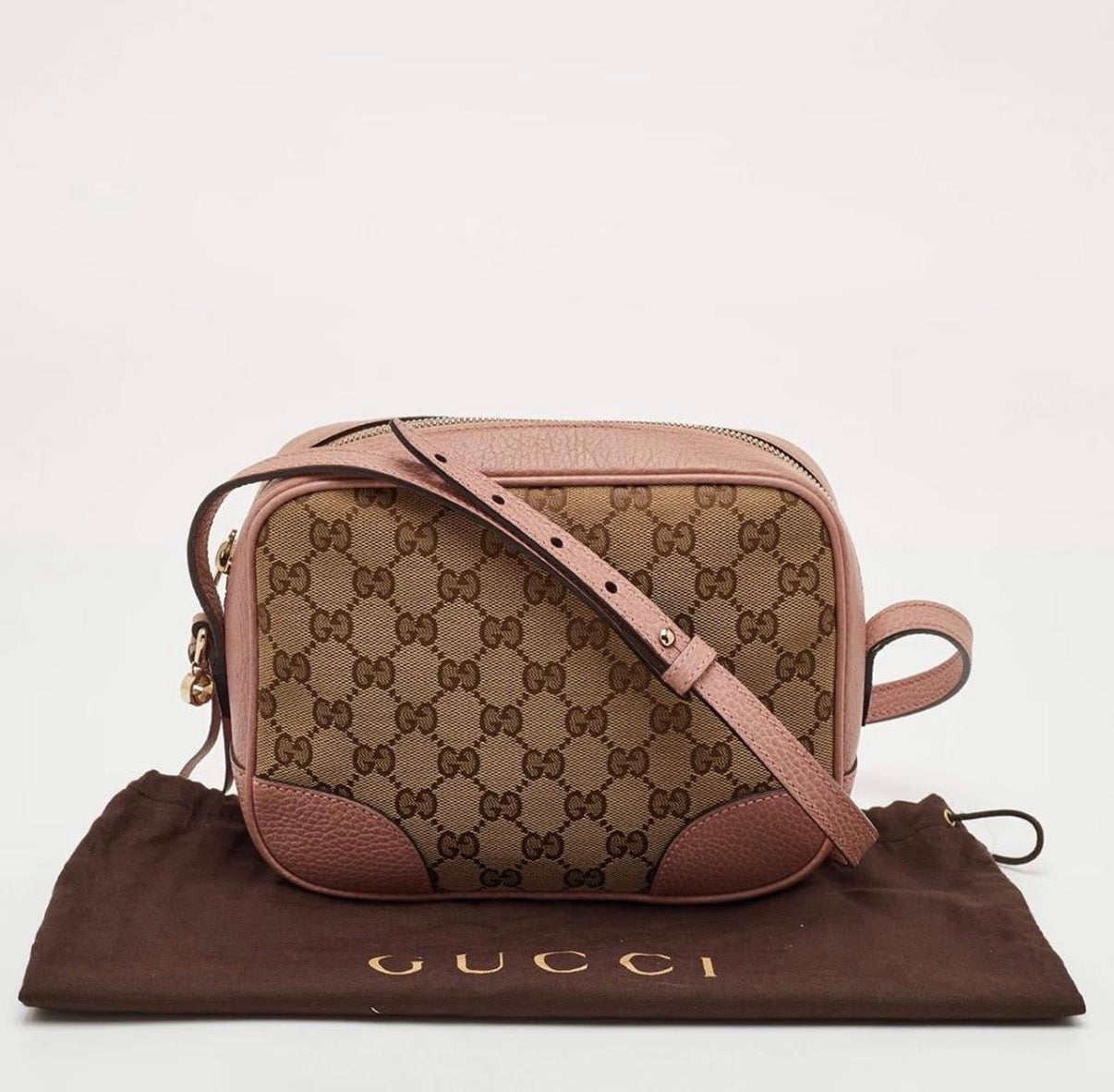 Gucci Bree Mini Beige/Light Pink GG Canvas And Leather Camera Crossbody Bag