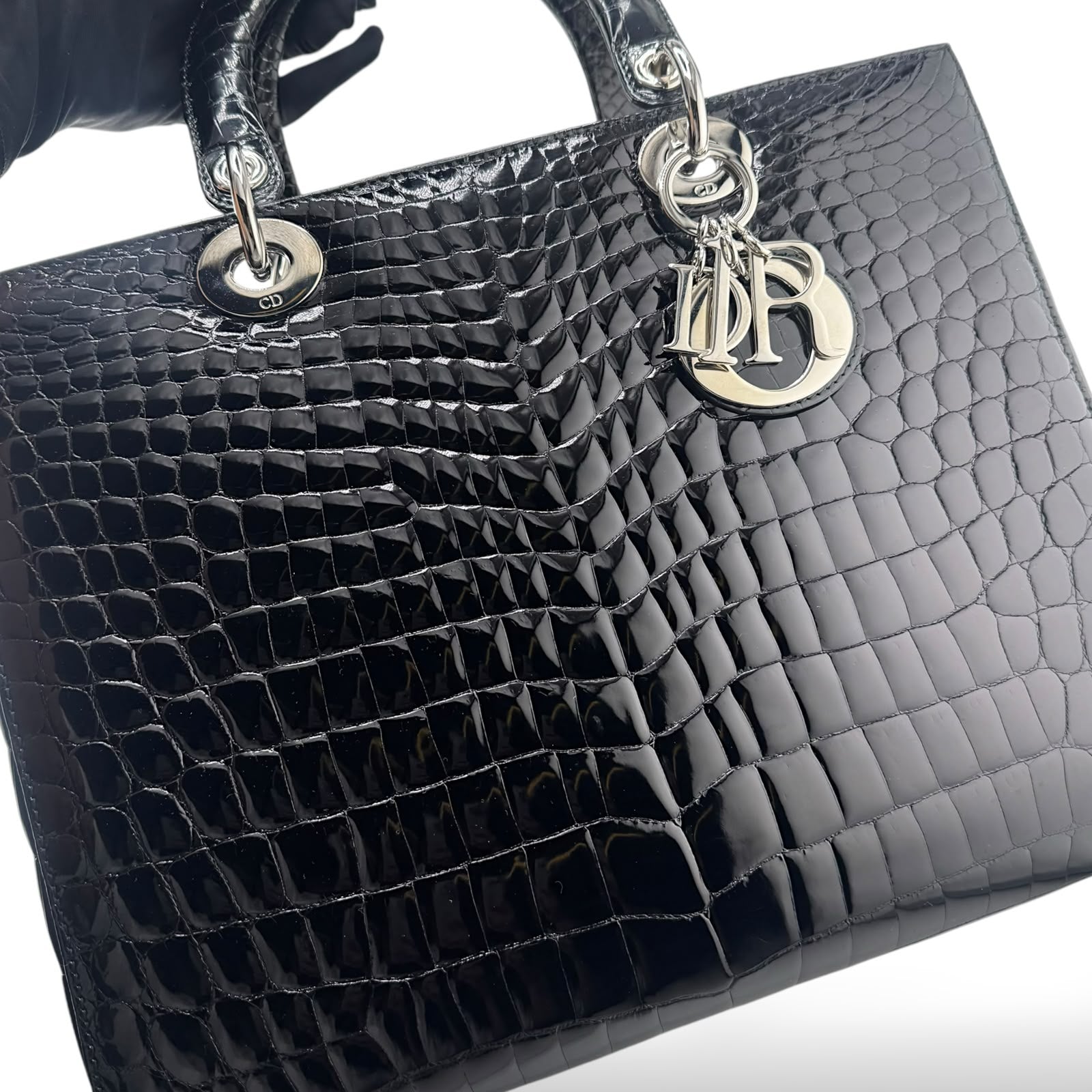 Christian Dior Black Shiny Niloticus Crocodile Large Lady Dior Bag