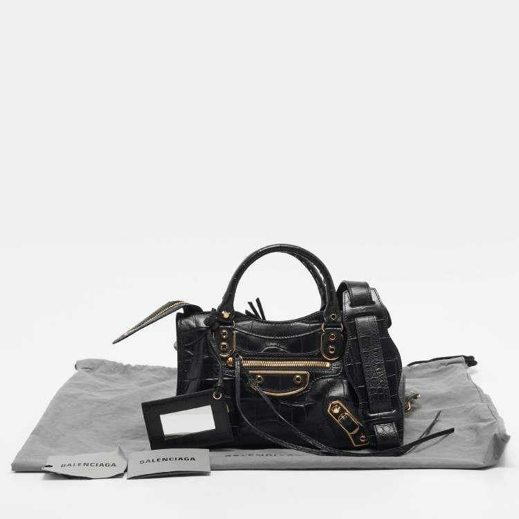 Balenciaga Metallic Edge City Mini Black Croc Embossed Leather Tote