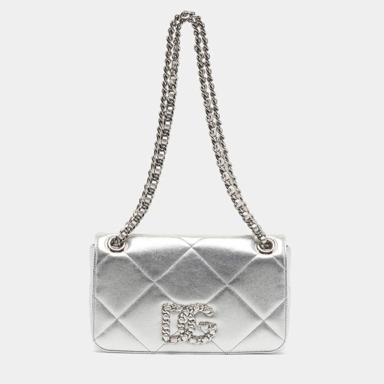 Dolce & Gabbana DG Logo Chain Silver Quilted Leather Shoulder Bag
