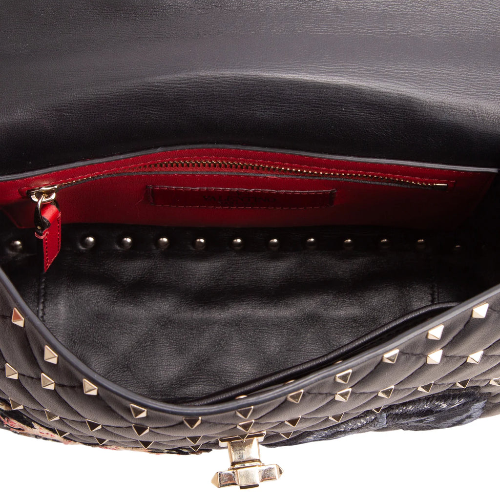 Valentino 2020 Black Nappa Leather Medium Rockstud Butterfly Embroidered Spike Shoulder Bag