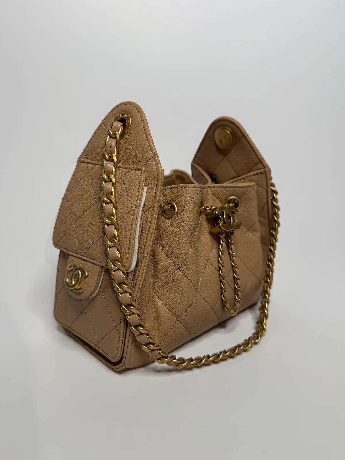 CHANEL 25 MICRO IN BEIGE CAVIAR LEATHER WITH GOLD HARDWARE