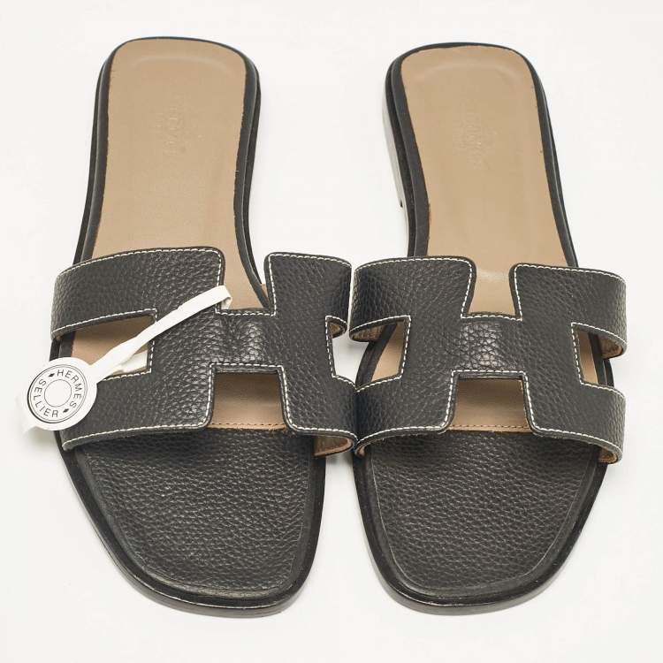 Hermes Black Leather Oran Flat Slide Sandals Size 36