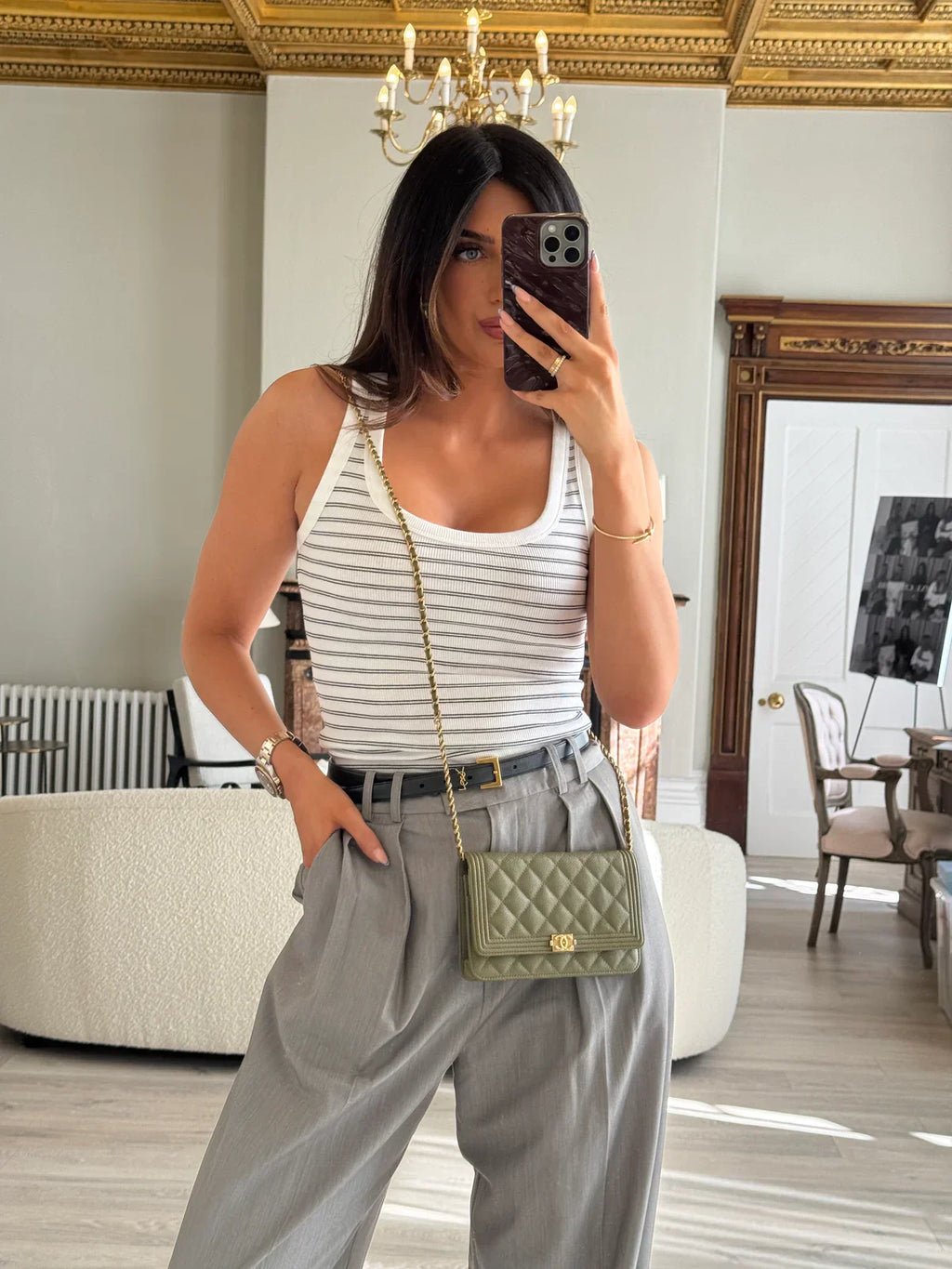 CHANEL BOY WALLET ON CHAIN IN KHAKI CAVIAR LEATHER WITH GHW