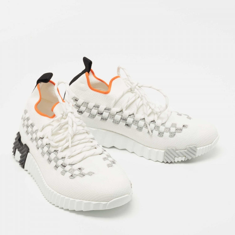 Hermes White Knit Fabric Flex Sneakers Size 36.5