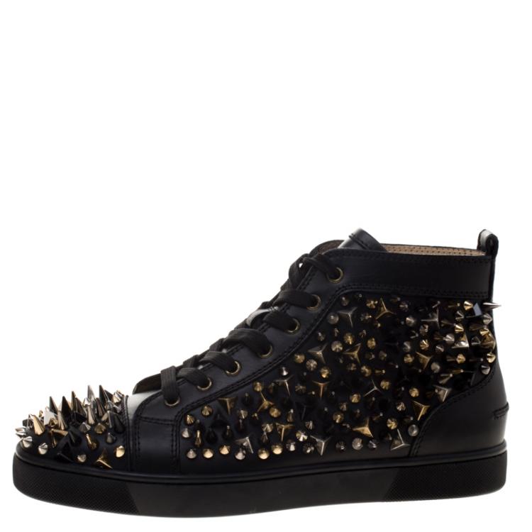Christian Louboutin Black Leather Louis Spikes Lace Up High Top Sneakers Size 41