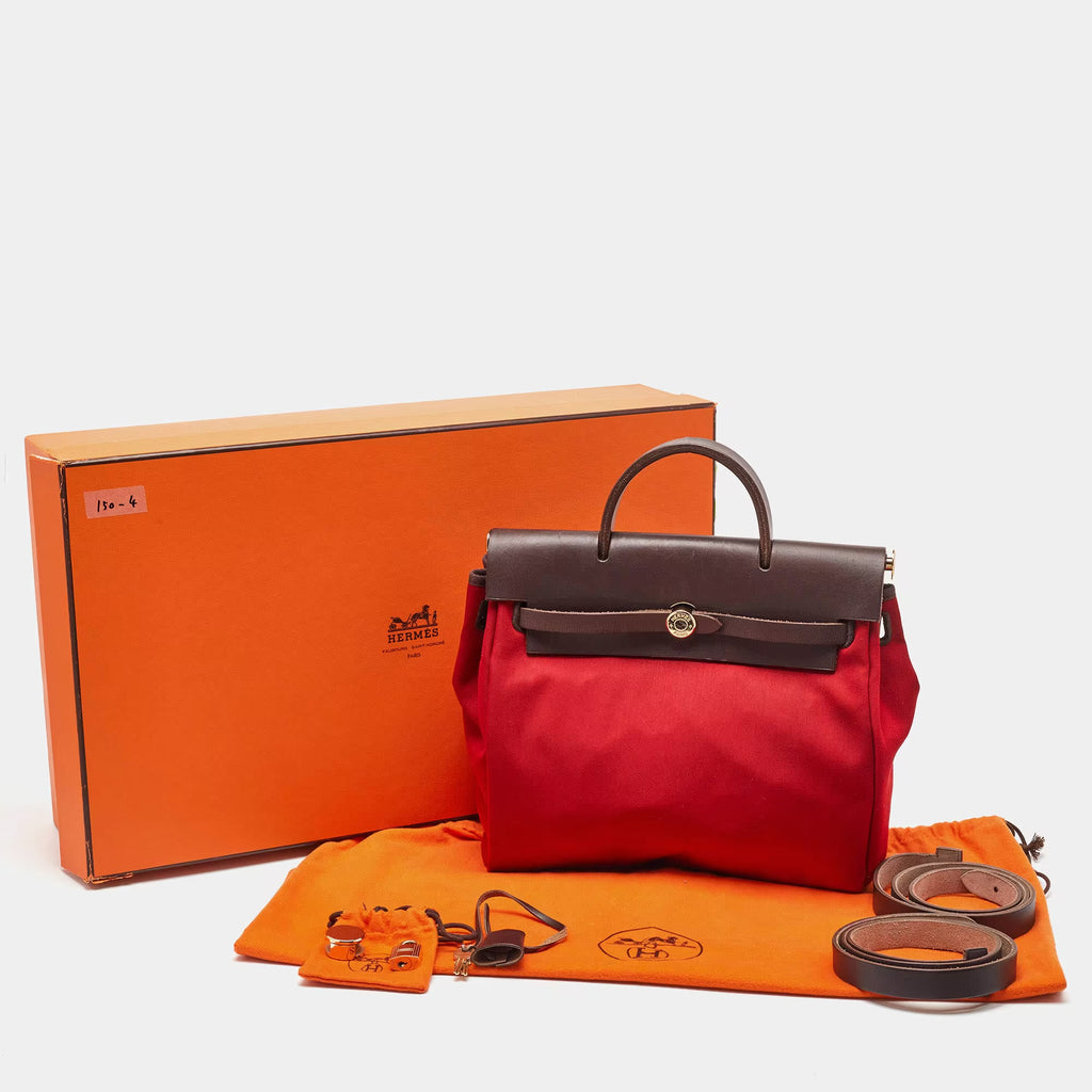 Hermes Brick Red/Moka Toile Canvas and Vache Hunter Herbag 31 Bag