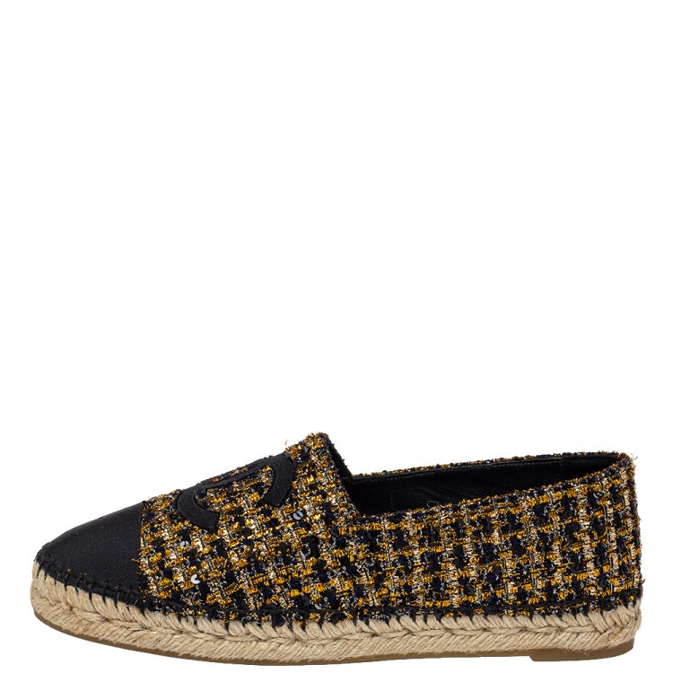 Chanel Black/Gold Tweed And Fabric CC Flat Espadrilles Size 39