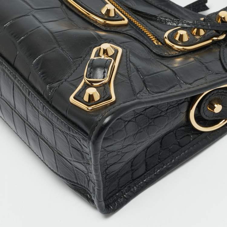 Balenciaga Metallic Edge City Mini Black Croc Embossed Leather Tote