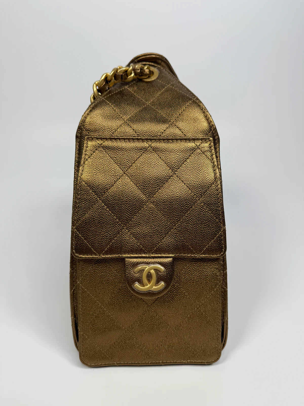 CHANEL 25 SMALL IN METALLIC BRONZE CAVIAR LEATHER WITH GHW