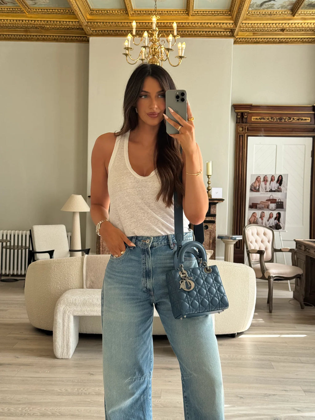 CHRISTIAN DIOR LADY DIOR SMALL BAG IN DENIM BLUE WITH SILVER HARDWARE
