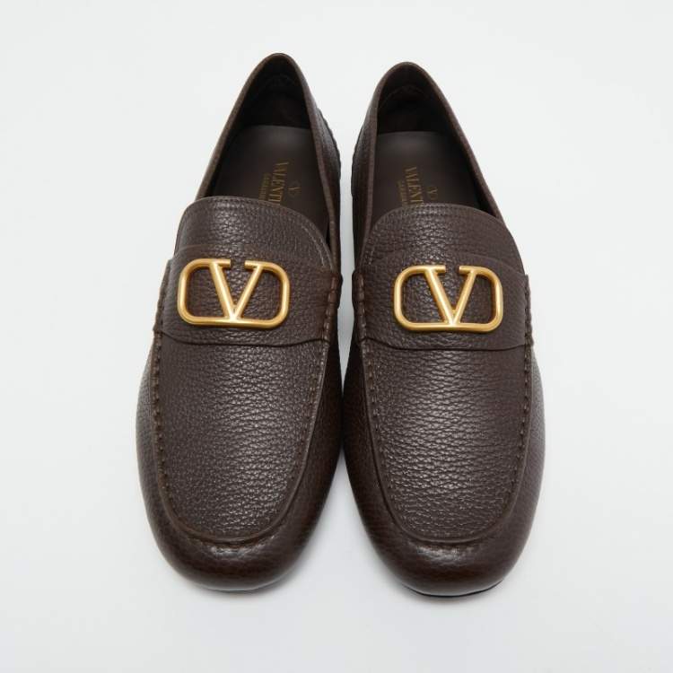 Valentino Dark Brown Leather VLogo Signature Loafers Size 44