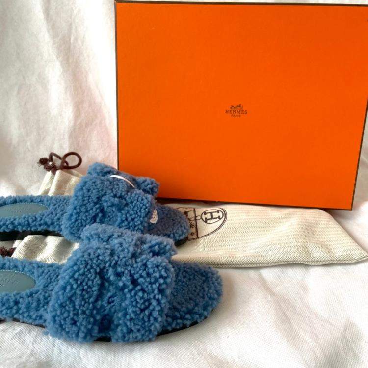 Hermes Blue Leather Oran Shearling Flats Size EU 37