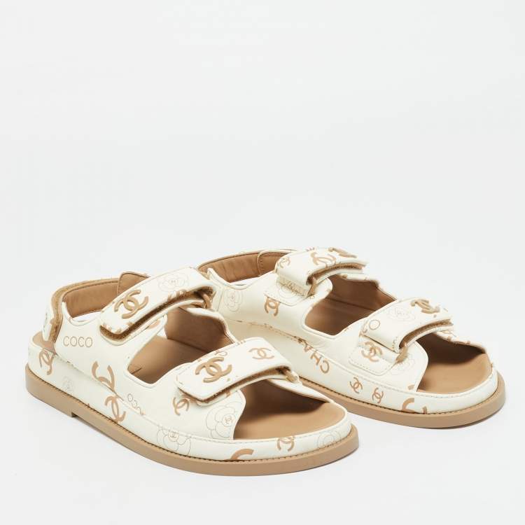 Chanel White Leather Dad Flat Sandals Size 38.5