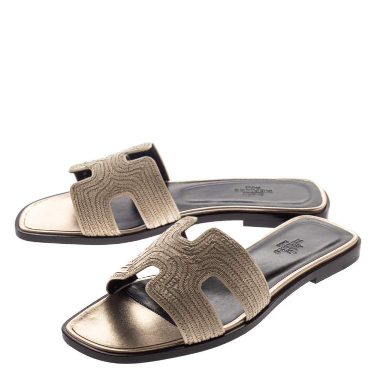 Hermes Metallic Pale Gold Twisted Metal Thread Oran Sandals Size 37