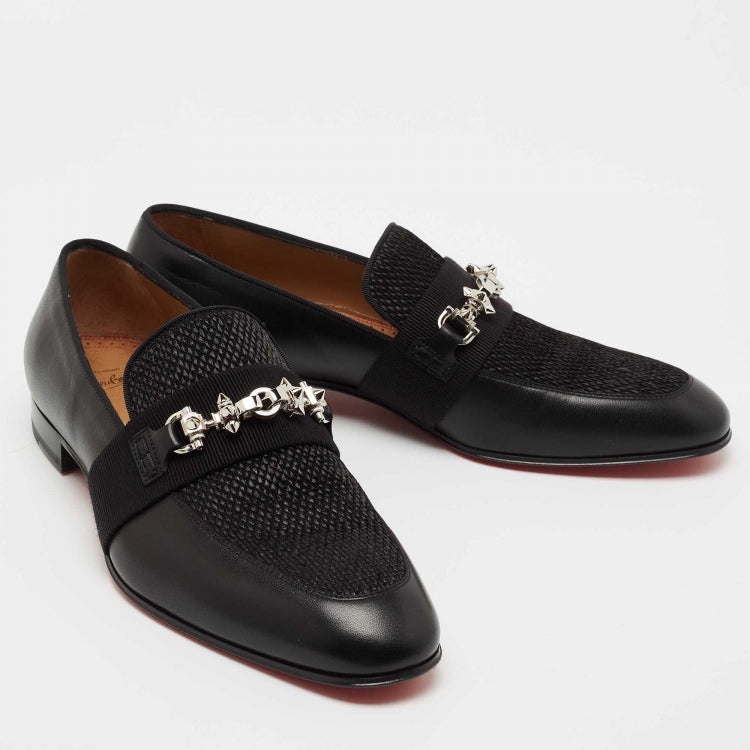 Christian Louboutin Black Leather and Raffia Panamax Spiked Loafers Size 43.5