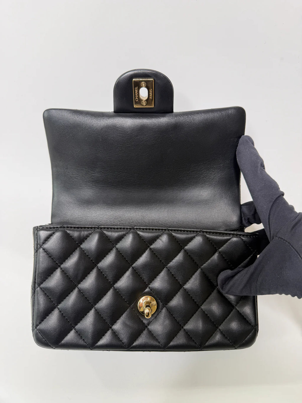 CHANEL MINI RECTANGLE TOP HANDLE FLAP BAG IN BLACK LAMBSKIN WITH PALE GOLD HARDWARE