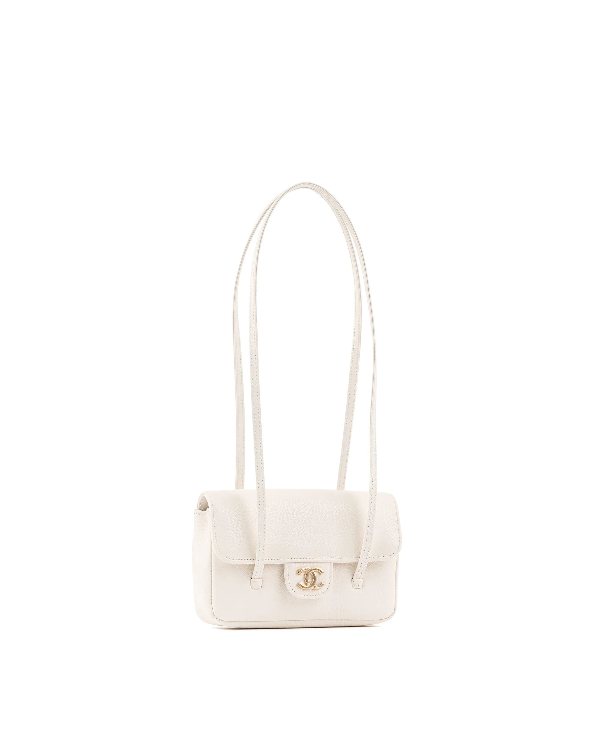 Chanel Clutch White Leather Strap in Grained Shiny Calfskin and Gold Tone Metal