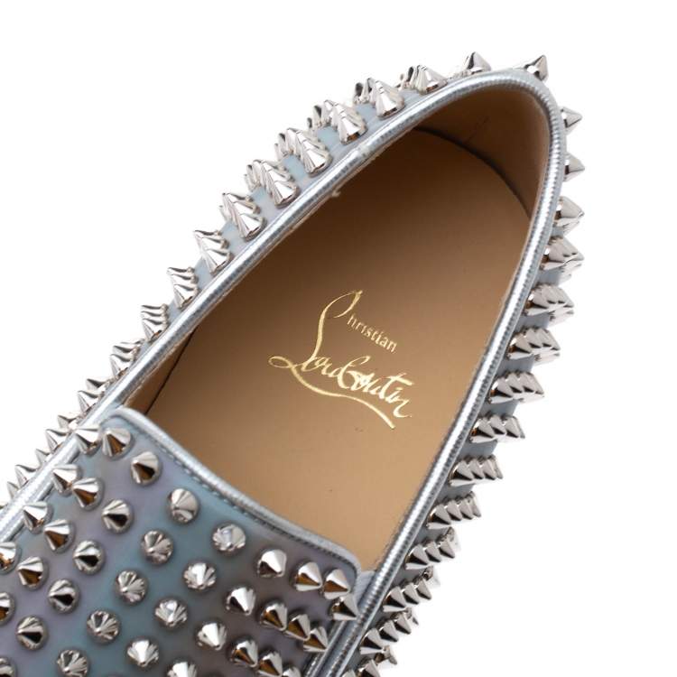 Christian Louboutin Metallic Silver Leather Roller Boat Spiked Slip On Sneakers Size 40