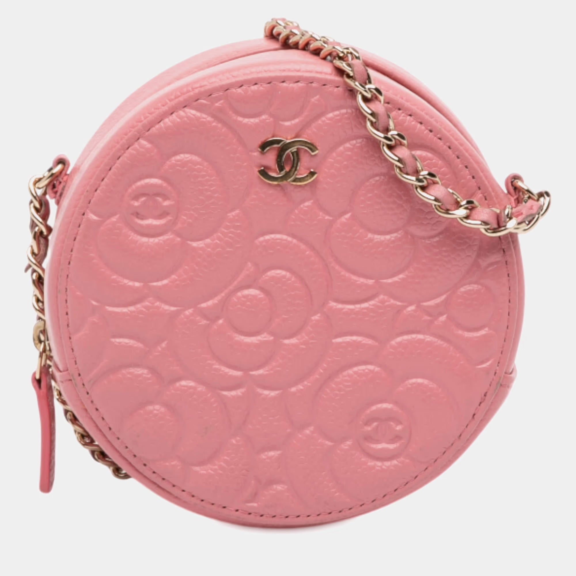 Chanel Pink CC Embossed Caviar Camellia Round Clutch With Chain