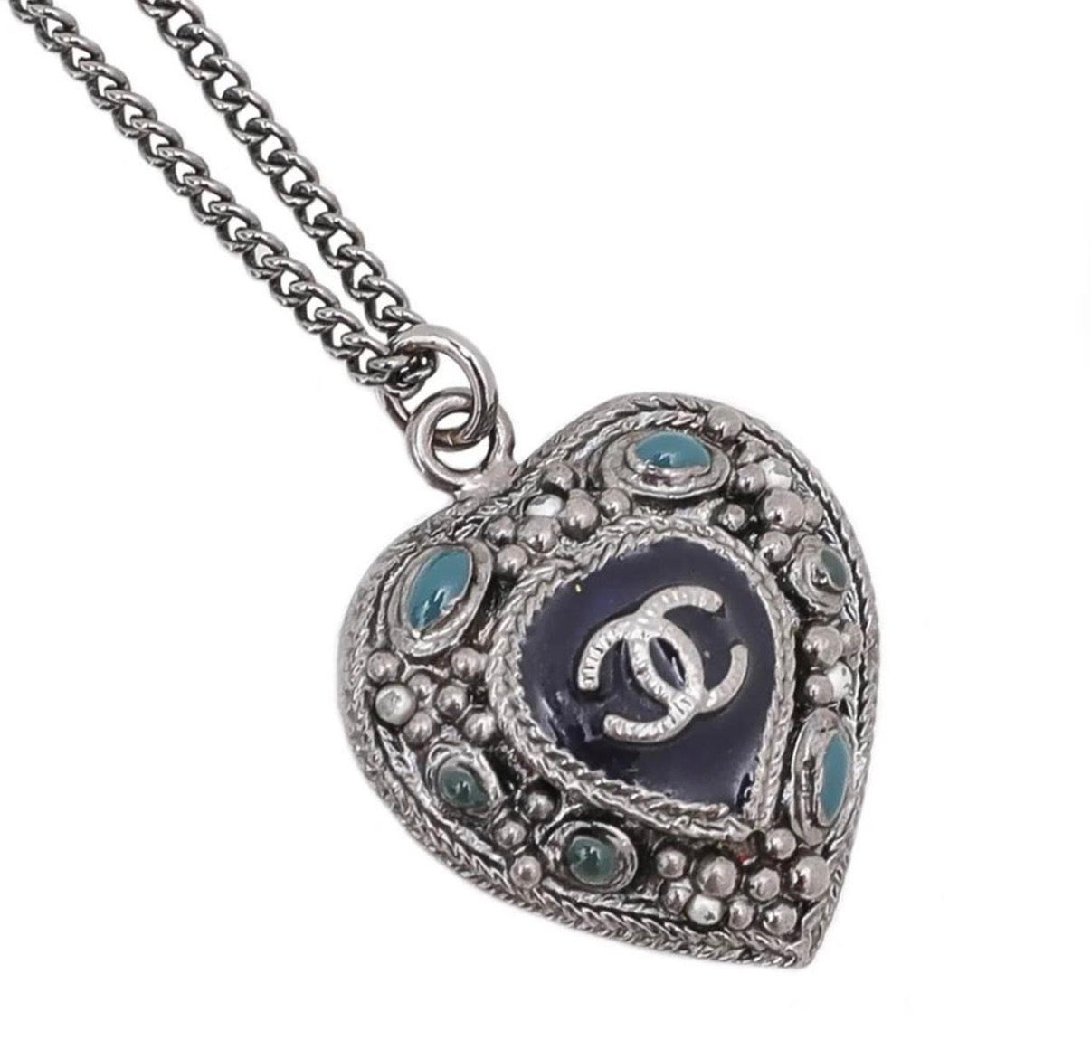 Chanel Blue CC Pearl Enamel Heart Pendant Necklace