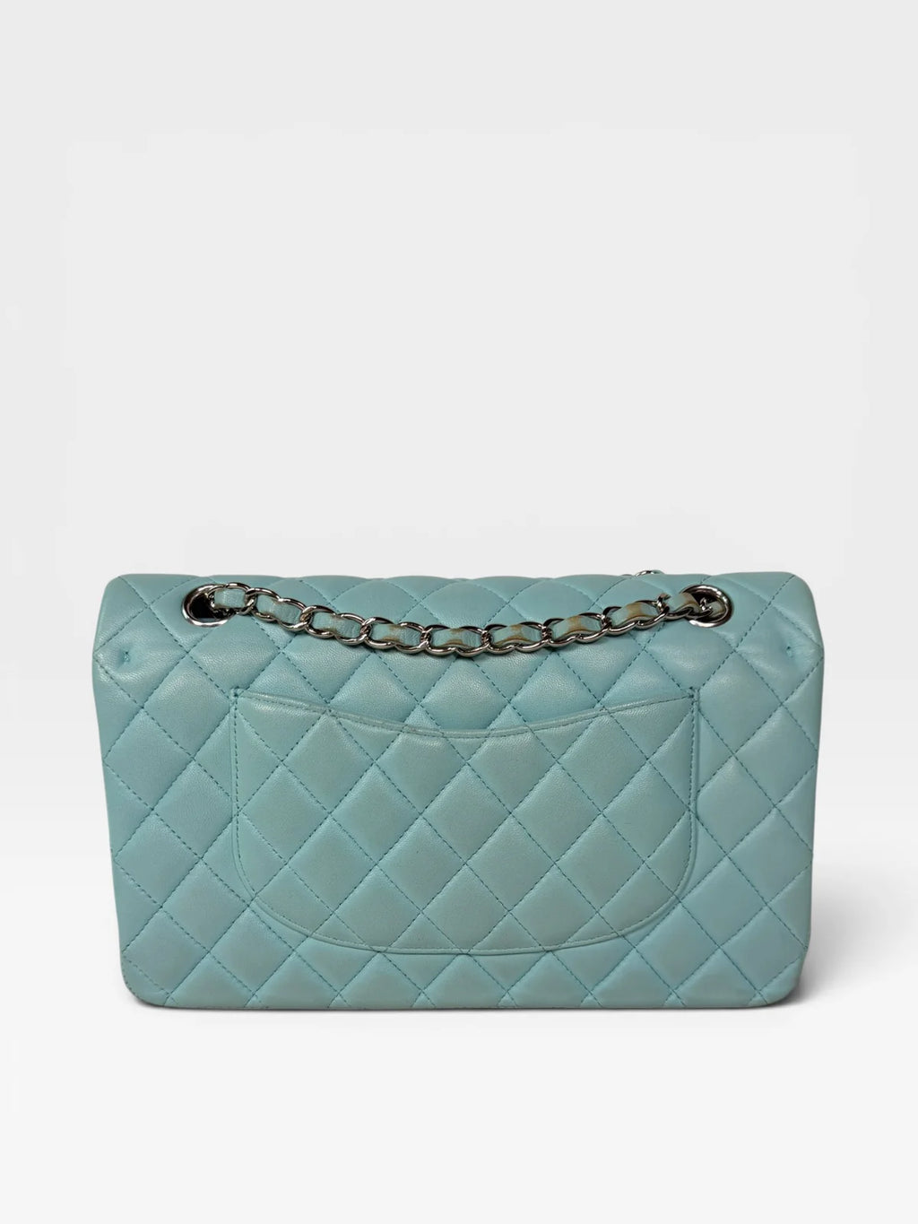 CHANEL MEDIUM DOUBLE CLASSIC FLAP LIGHT BLUE LAMBSKIN SILVER HARDWARE