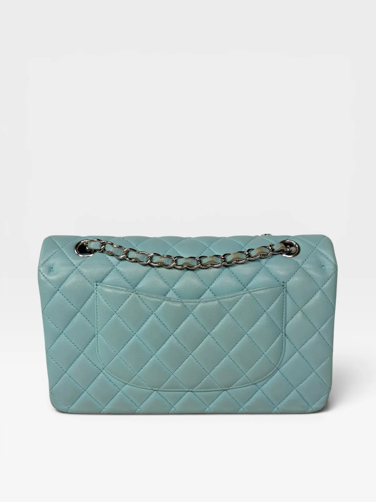 CHANEL MEDIUM DOUBLE CLASSIC FLAP LIGHT BLUE LAMBSKIN SILVER HARDWARE