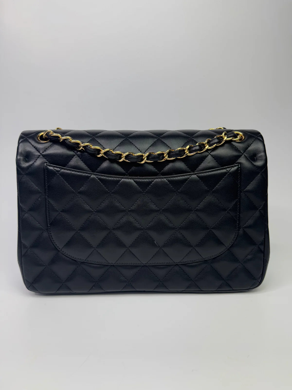 CHANEL BLACK LAMBSKIN LEATHER JUMBO CLASSIC DOUBLE FLAP GOLD HARDWARE