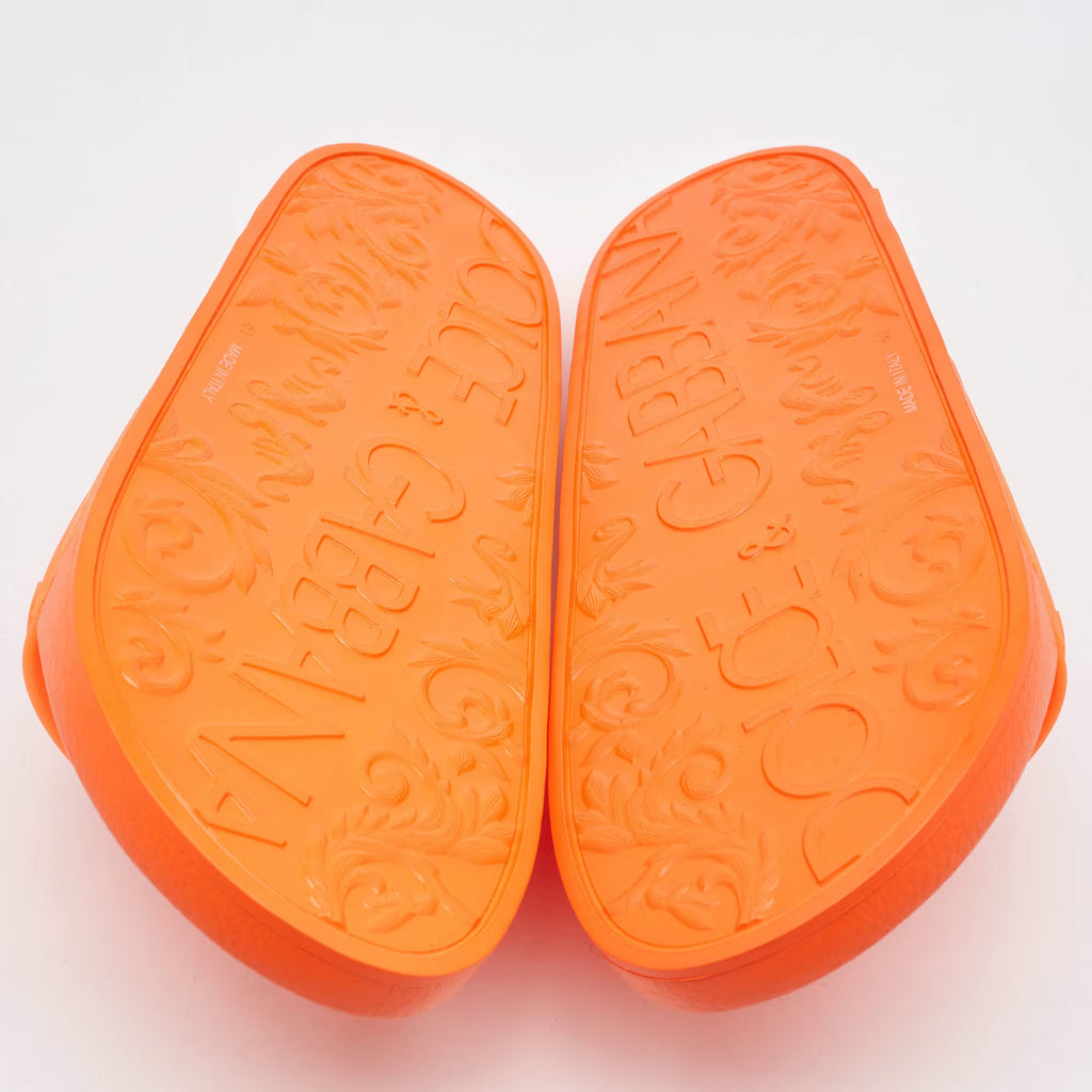Dolce & Gabbana Neon Orange Rubber Logo Flat Slides Size 41