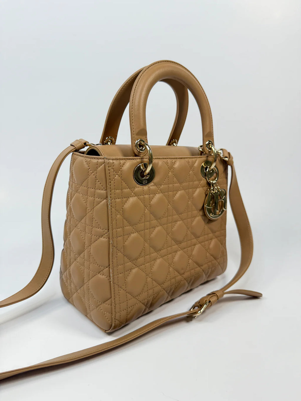 CHRISTIAN DIOR MEDIUM LADY DIOR BAG IN SAND WITH GOLD HARDWARE