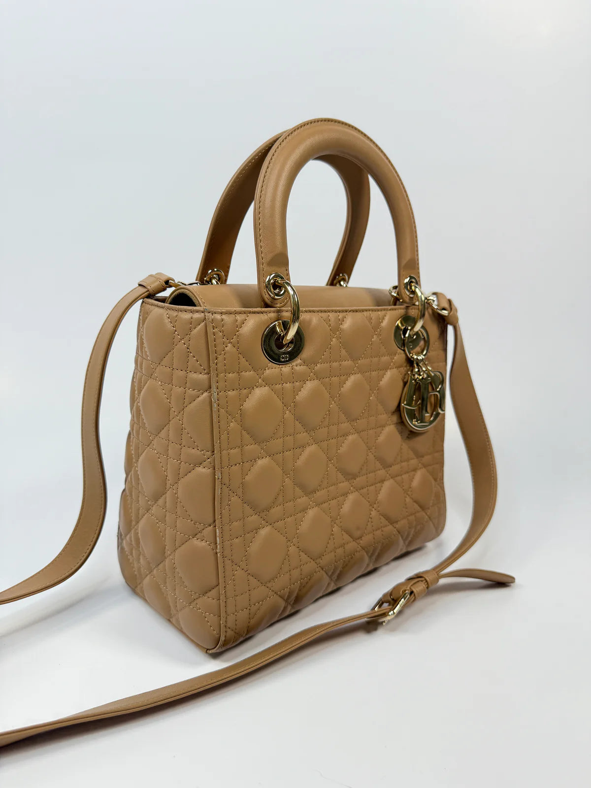 CHRISTIAN DIOR MEDIUM LADY DIOR BAG IN SAND WITH GOLD HARDWARE
