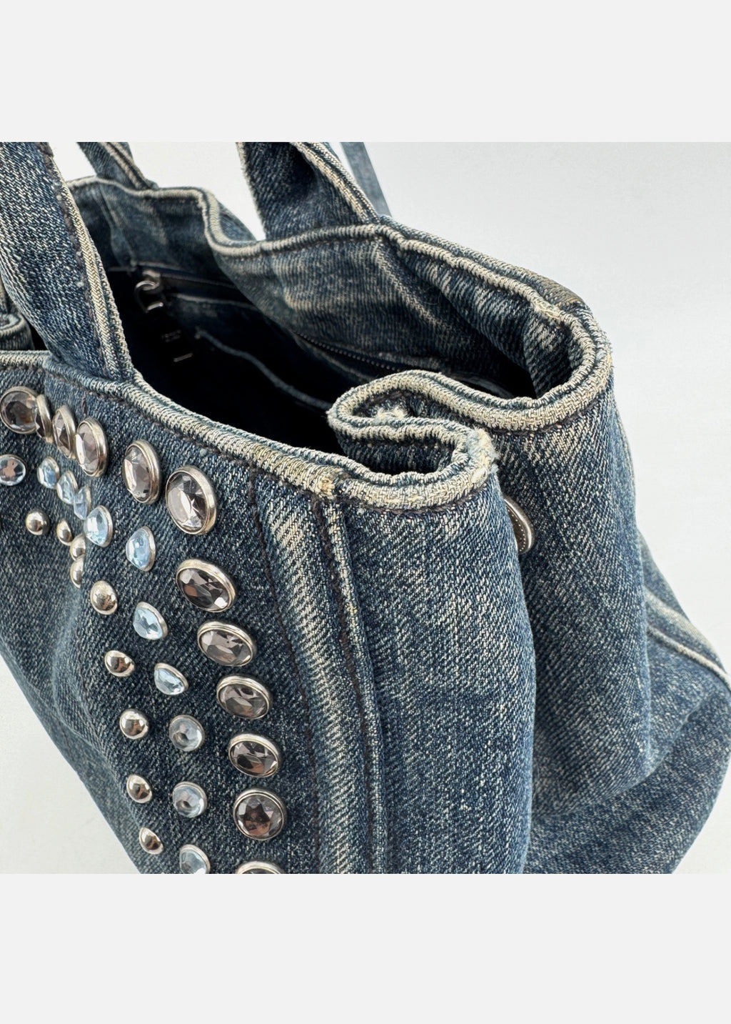 PRADA Canapa Tote Bag Bijoux Rhinestones Studs Denim Blue Bag