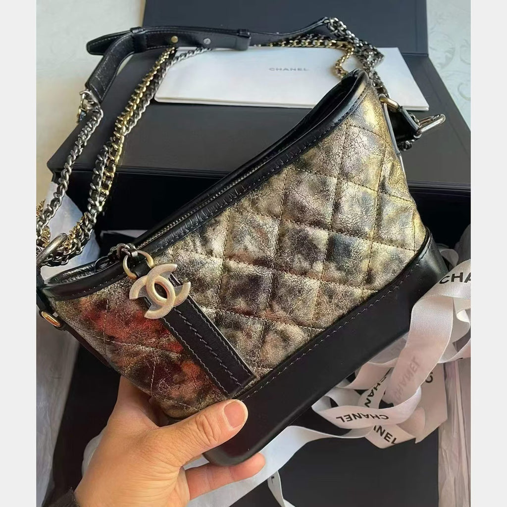 Chanel Black & Metallic Leather Small Gabrielle Hobo Bag
