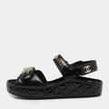 Chanel Black Leather CC Dad Flat Sandals Size 39