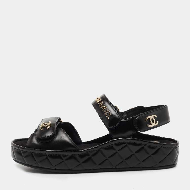 Chanel Black Leather CC Dad Flat Sandals Size 39