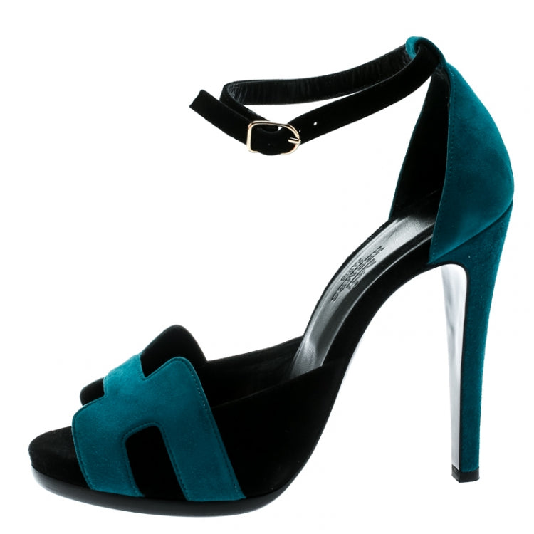 Hermes Blue/Black Suede Highlight Ankle Strap Sandals Size 37