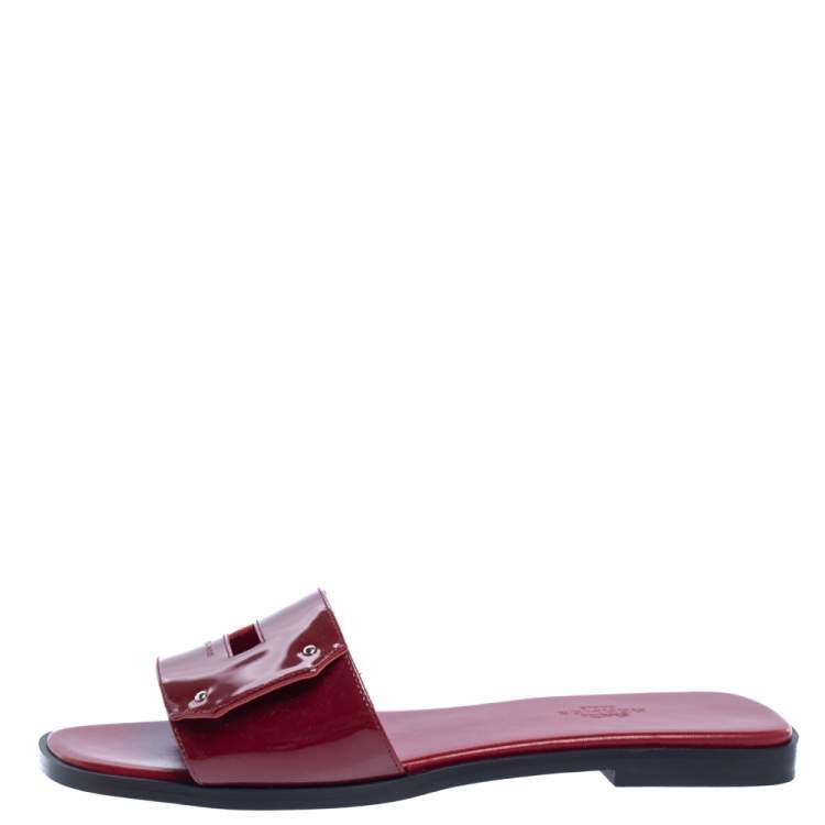Hermes Red Patent Leather View Slide Sandals Size 37.5