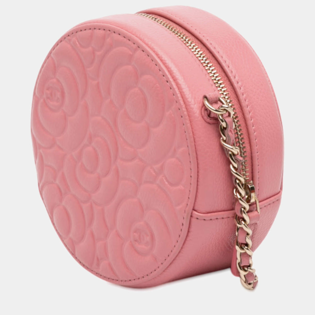Chanel Pink CC Embossed Caviar Camellia Round Clutch With Chain