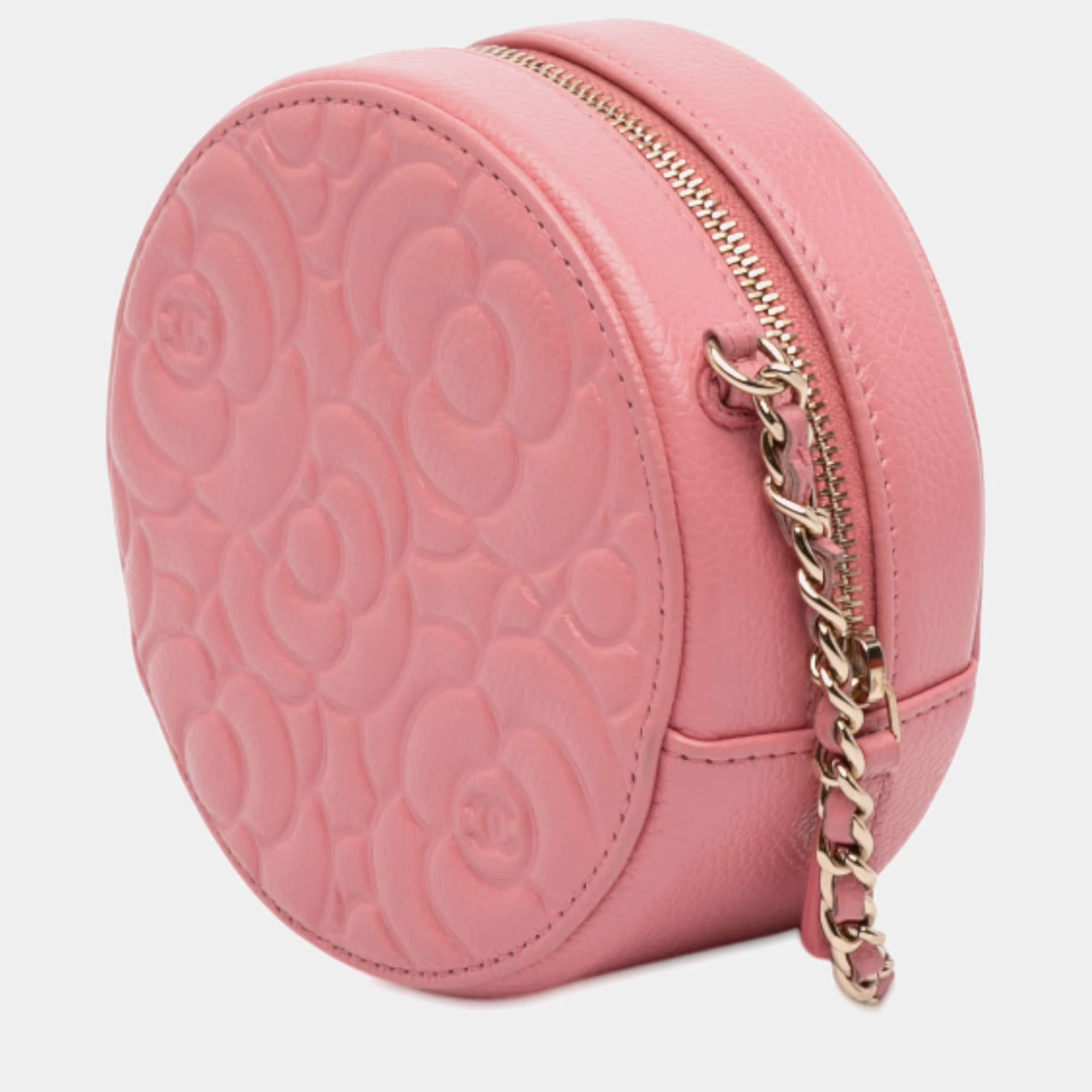 Chanel Pink CC Embossed Caviar Camellia Round Clutch With Chain